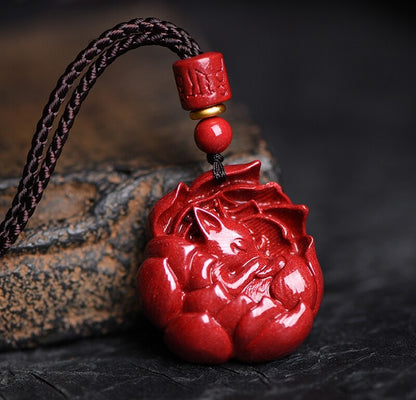 Natural Cinnabar Nine-tailed Fox Carved Pendant Necklace Feng Shui Amulet Decor