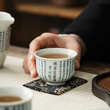 Chinese Jingdezhen Handmade Ceramic Teacup Hand Painted Heart Sutra Tea Bowl