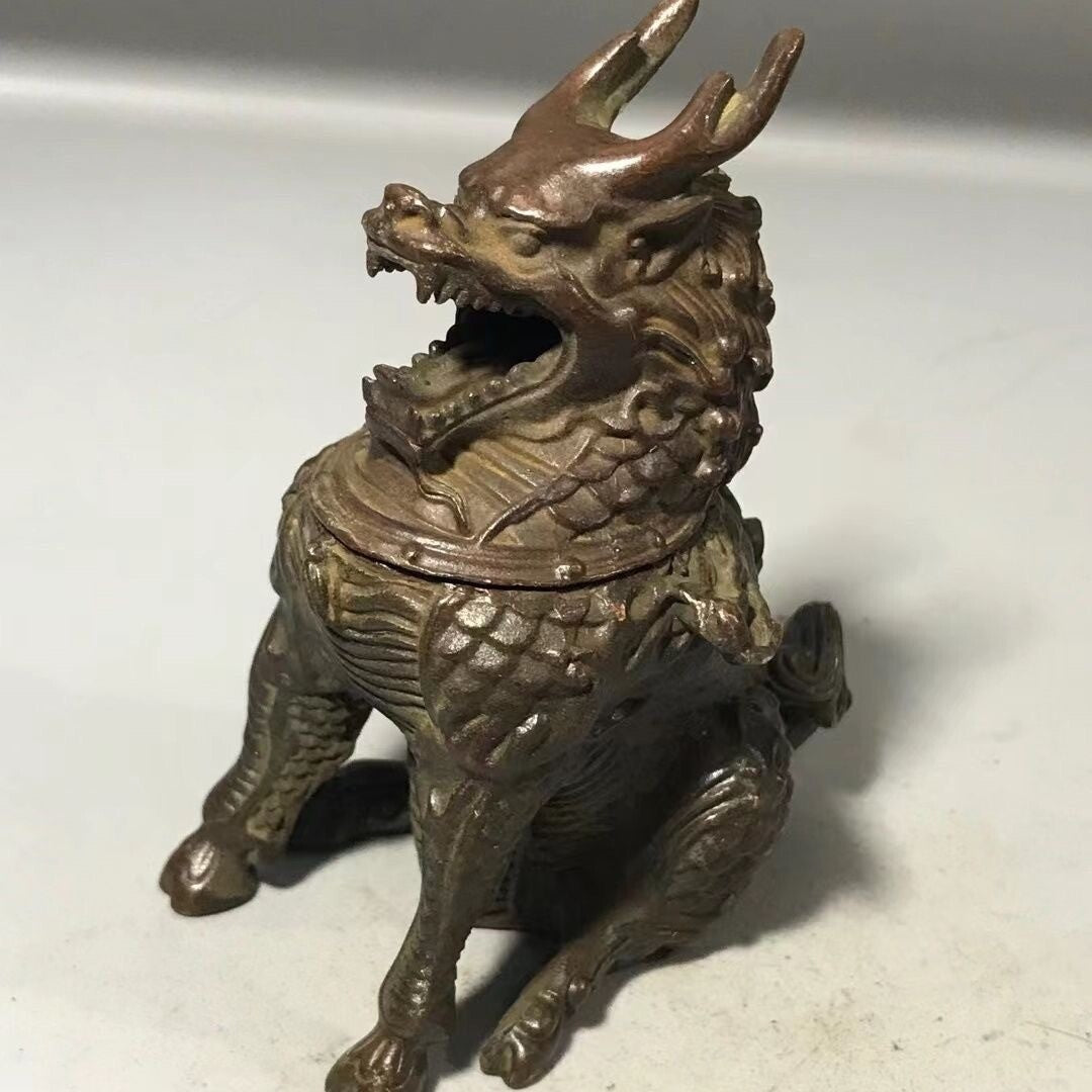 Chinese Old Bronze Hand Cast Kirin Art Statue Collectable Incense Burner Decor