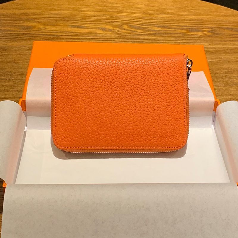 Genuine Leather Coin Bag Zipper Multi Card Pocket Wallets Purses Cotton Orange