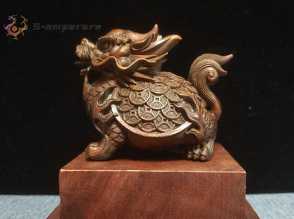 Rare art Boxwood fortune DRAGON tortoise turtle Statue tea pet netsuke chinese