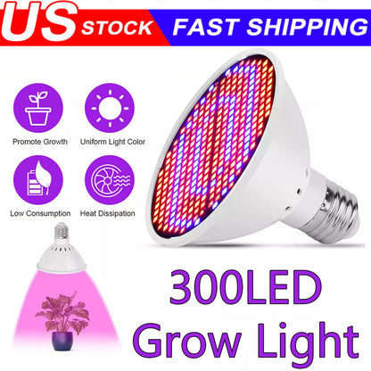 300LED Grow Light Bulb Full Spectrum Light for Indoor Plants Flowers Veg Growing