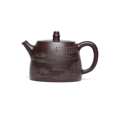 Handmade Tea Pot Marked 9 Infuser Holes Mountain Engraved Yixing Zisha Clay Pot