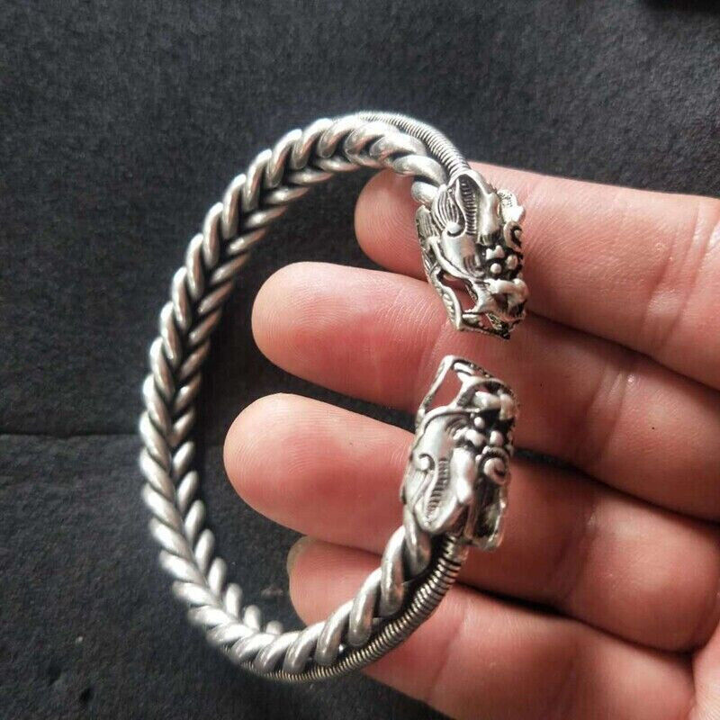 Chinese old Tibet Silver handcarved Dragon head pattern bracelet