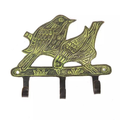 Antique Patina Look Brass Perching Birds Three Wall Hooks Clothes Hat Hanger