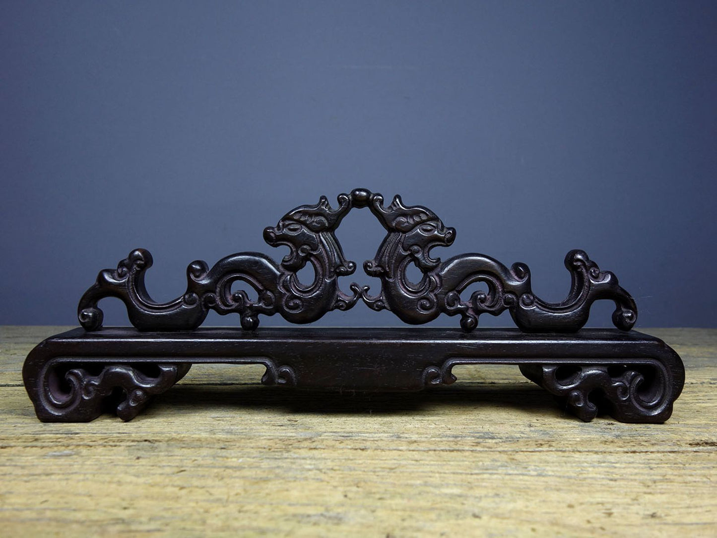Chinese Natural Rosewood Hand-carved Double Dragons Pen Rack Statue