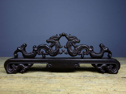 Chinese Natural Rosewood Hand-carved Double Dragons Pen Rack Statue