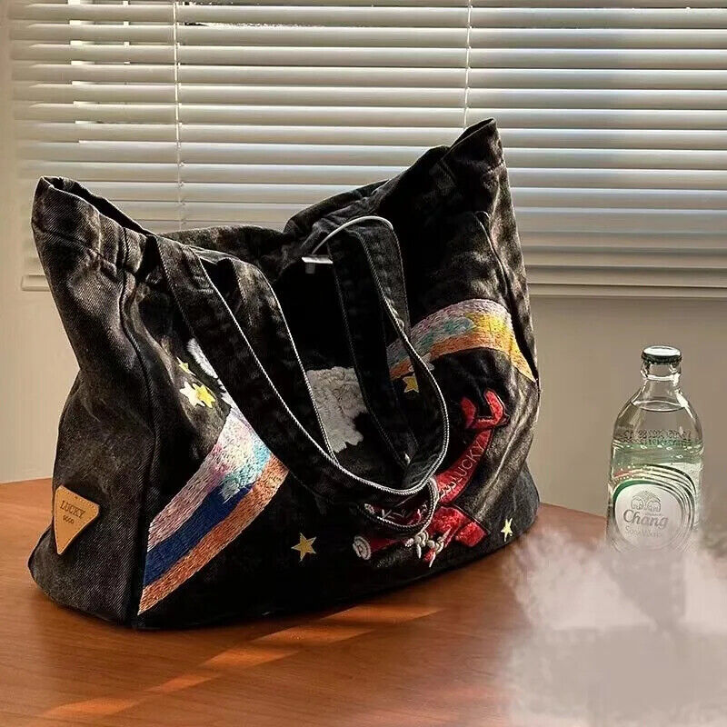 Retro Denim Jeans Tote Cool Girl Shoulder Bags Student Shopping Handbag