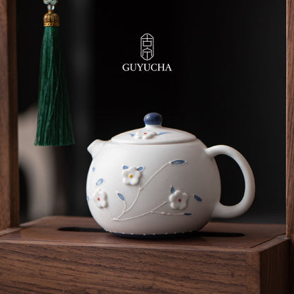Handmade Ceramic Xishi Teapot 200ml Embossed Flower Glazed Tea Pot For Women