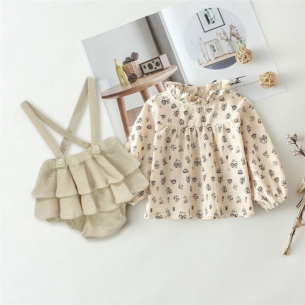 Baby Girls Clothes Set 2Pcs Vintage Cotton Floral Blouse Shirts Rompers Newborn