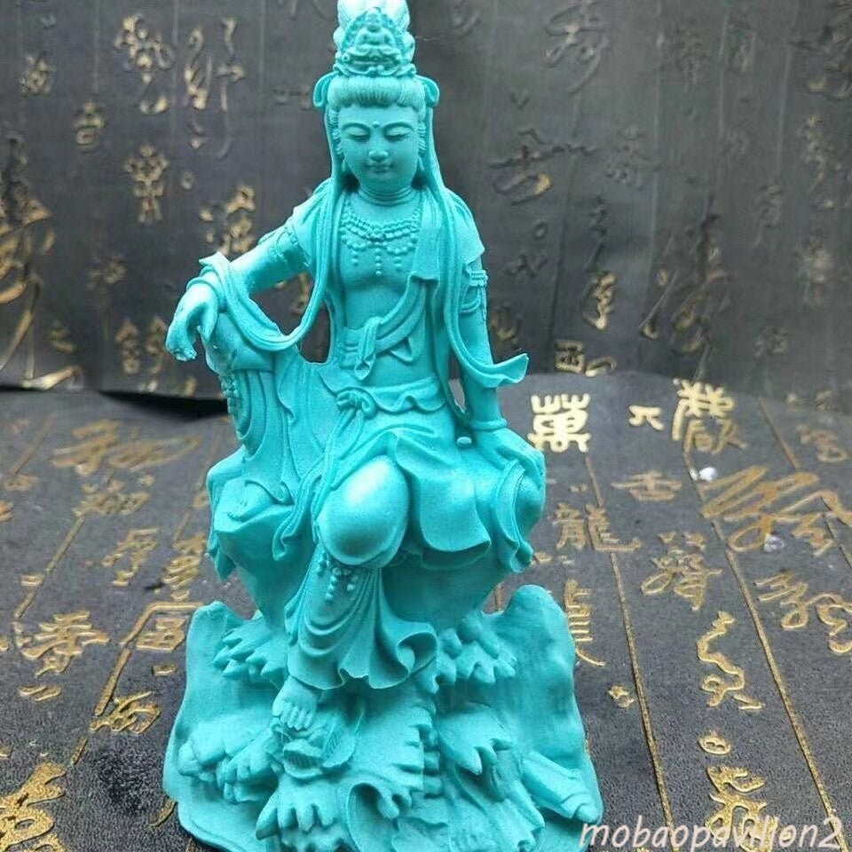 5.5" Turquoise Guanyin Buddhist Figure Statue Stone Decorations Home Design