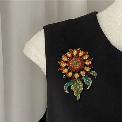 Vintage Sunflower Brooch 10.6×6.8cm Crystal Paved Oversized Lapel Pin Jewelry