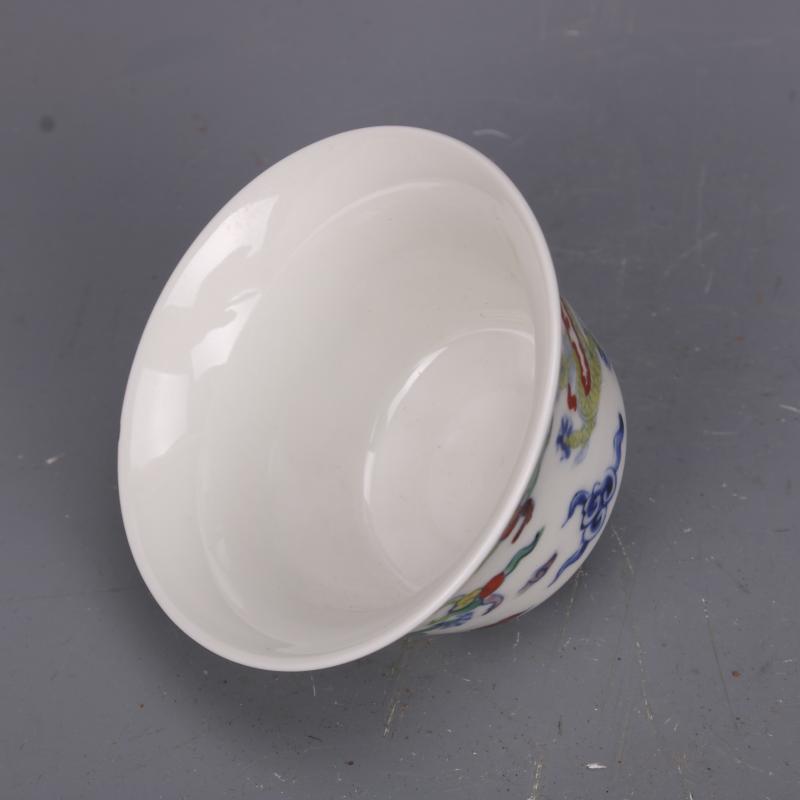 2.8" China Ming Blue White Doucai Contrasting Colors Porcelain Animal Dragon Cup