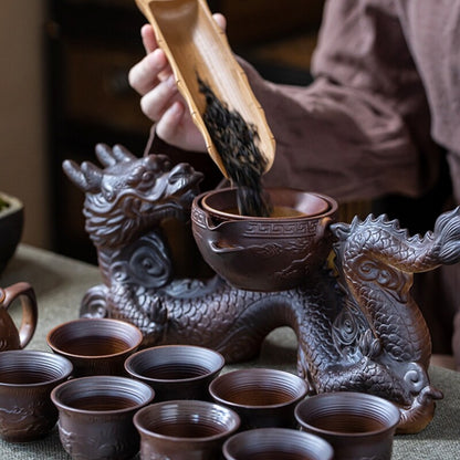 Half Automatic Tea Set Ceramic Dragon Design Gaiwan Matching Pitcher Tea Cups