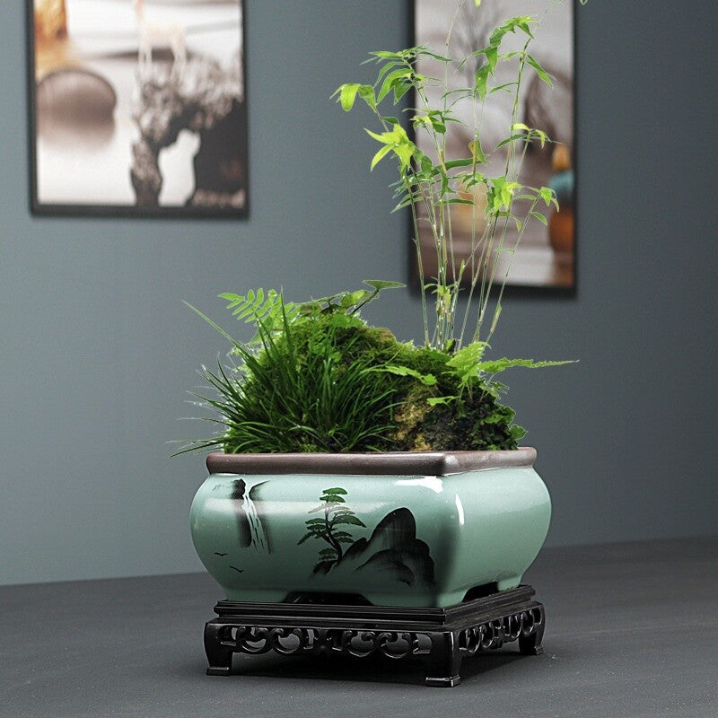Bonsai Pot W Tray 6" Square Chinese Art Glazed High Quality Teal Ceramic Planter
