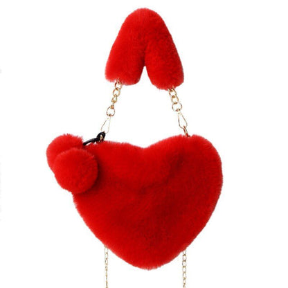 Faux Fur Winter Handbag Heart Shape Shoulder Bag Clutch Purse Chain Velvet Pouch