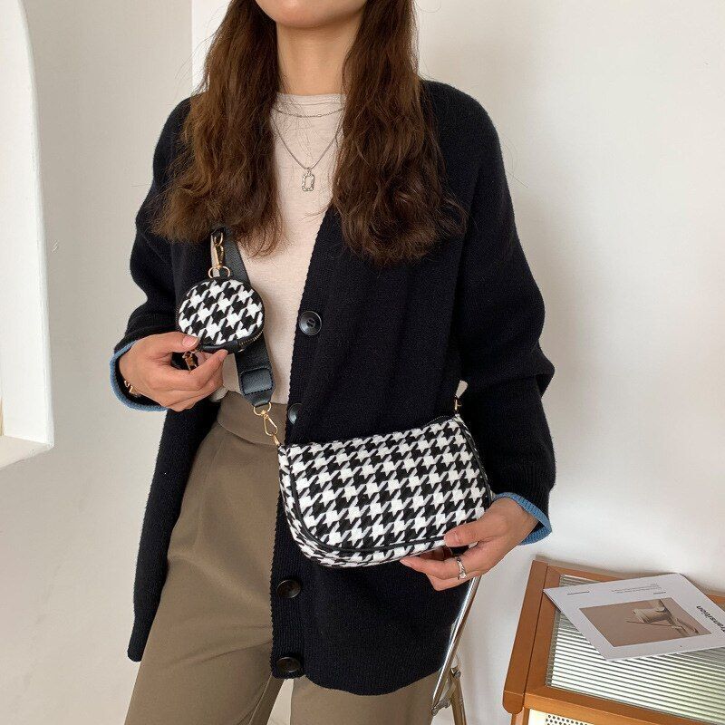 Vintage Plaid Print Shoulder Bag Round Purse Casual Small Crossbody Bags 2 pcs