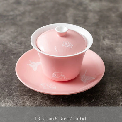 Handmade Craft Porcelain Gaiwan Cup Saucer Coaster Lid Chinese Tureen Tea Cup