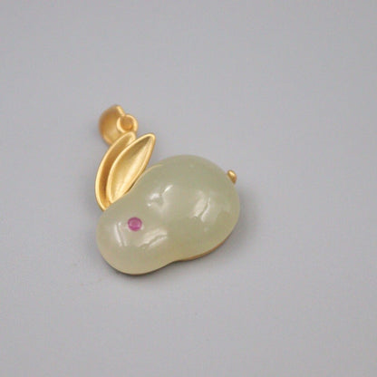 Real S925 Silver Hetian Jade Pendant Women's Charm Small Rabbit Lucky Pendan