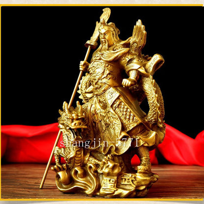 Bronze Brass Guangong Guan Gong Yu Warrior God on Dragon Wealth Statue