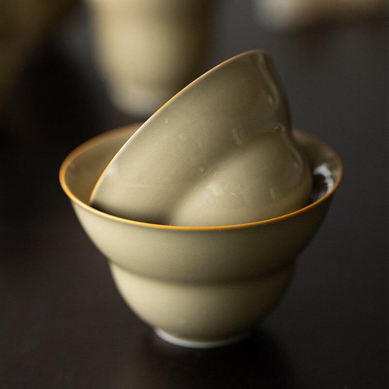 95ml *2 Jingdezhen Yellow Glaze Waist Folding Gourd Tea Cup Porcelain Master Cup