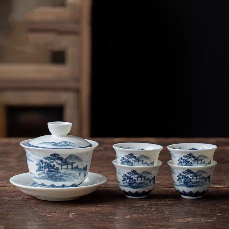 Jingdezhen Ceramic Gaiwan Mutton Jade Porcelain Tureen Matching Tea Cup Pitcher