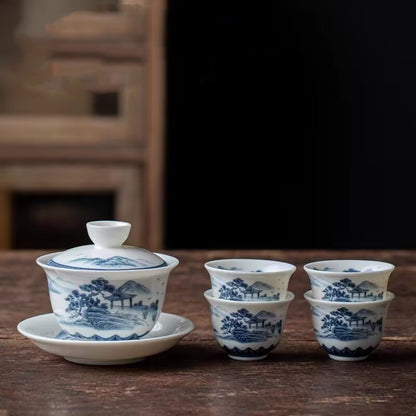 Jingdezhen Ceramic Gaiwan Mutton Jade Porcelain Tureen Matching Tea Cup Pitcher