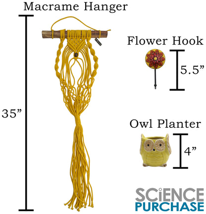 Vibrant Yellow Handcrafted Macramé Hanging Plant Hanger w/ Ceramic Owl Planter
