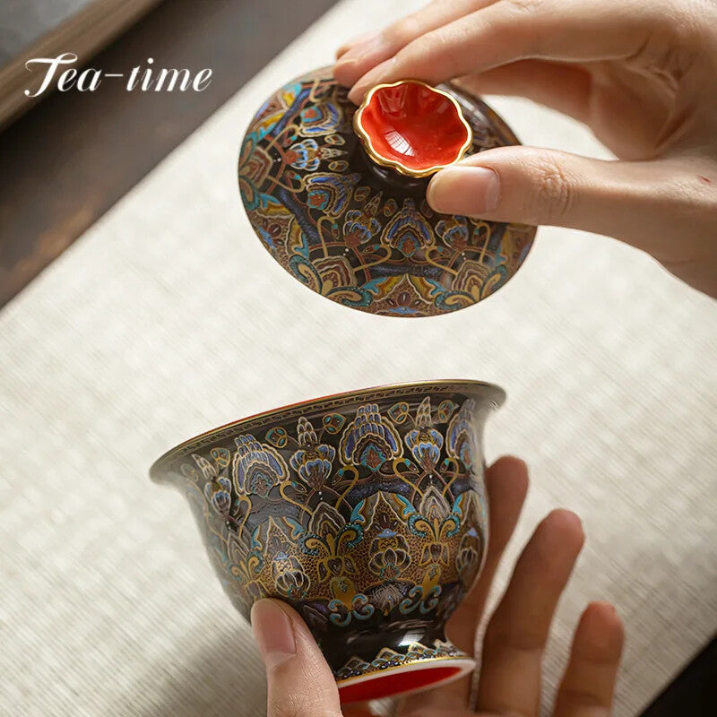 150ml Chinese Enamel Colored Gaiwan Hand Grasping Bowl Tea Lid Set Tea Tureen