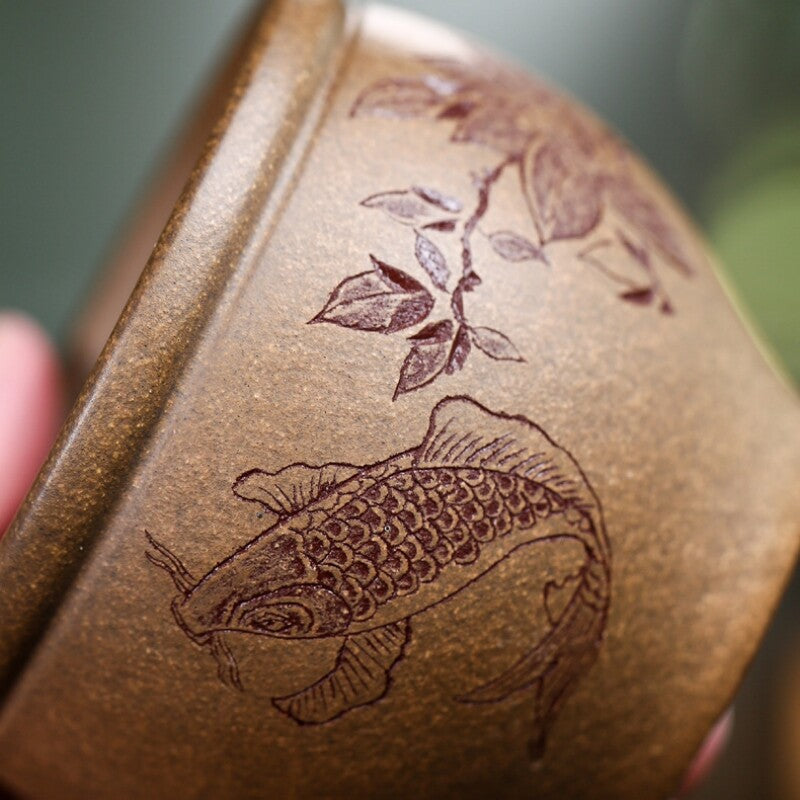 Full Handmade Teacup Fish Carved Chinese Real Yixing Zisha Clay Marked Cup 220ml