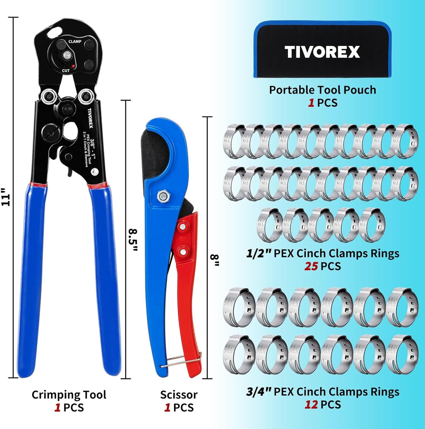 PEX Crimping Tool Kit, 2 in 1 Ratchet Pex Clamp Tool with Cinch & Removal Functi