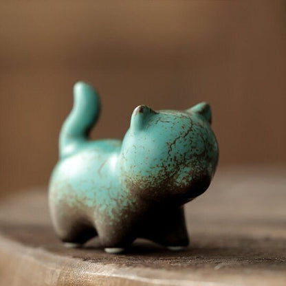 Tea Pet Cute Cat Dark Green Lucky Cat Tea Decorative Figurine