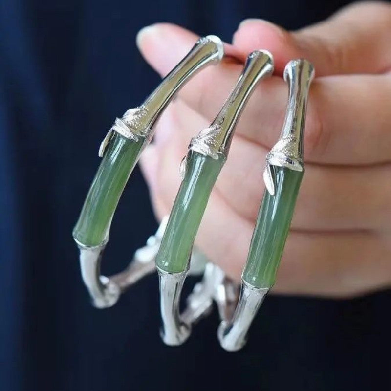 Original Handmade Silverb Silver Bamboo Hetian Jade Festival High Bracelet