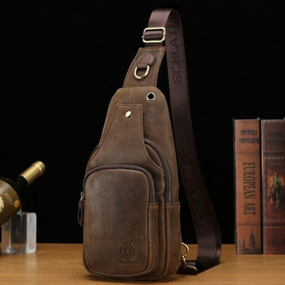 Top Cow Leather Sling Backpack, Men's Crossbody Chest Bag Leather Sport Daypack