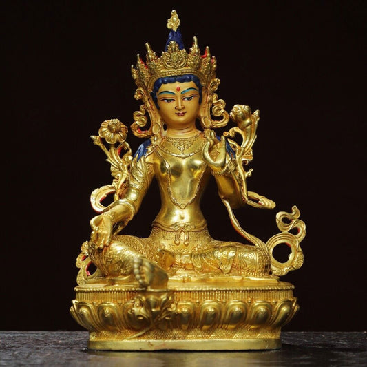 8"China Tibet Tibetan Buddhism temple Bronze gilt Green Tara Bodhisattva statue