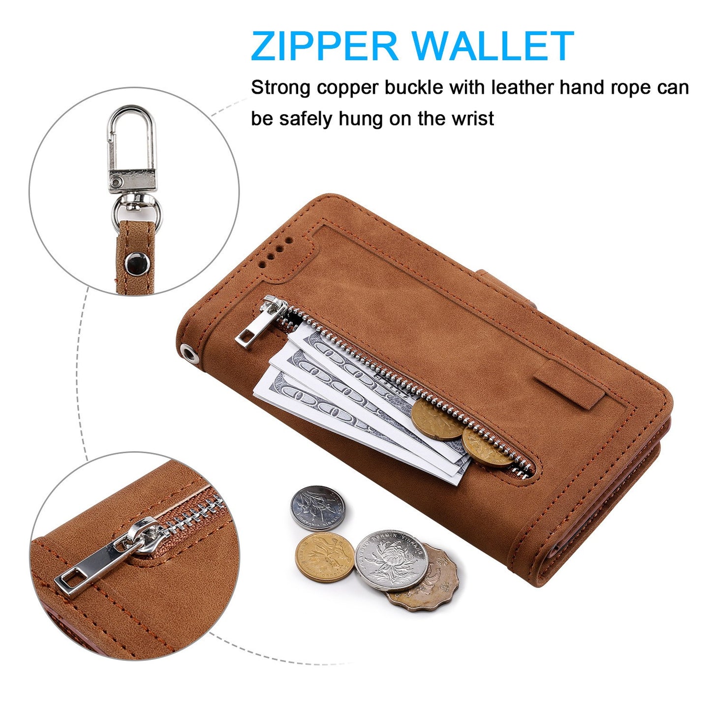 Zipper Leather Wallet Case For iPhone 17 Pro Max /16/15 Flip Cover