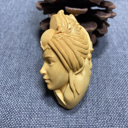 Natural Boxwood Carved Chinese Beauty Girl Statue Pendant