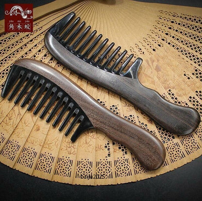 Wide Wooden Handle Toothed Comb Antistatic Natural Black Buffalo Hair Comb