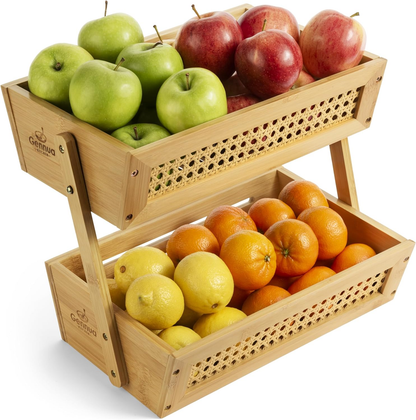 Wooden Rattan Fruit Basket for Kitchen Counter Bamboo 2-Tier Vegetable Storage
