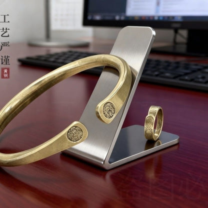 Vintage Brass Bangle Ring Set Open Adjustable Engraved Jewelry Set