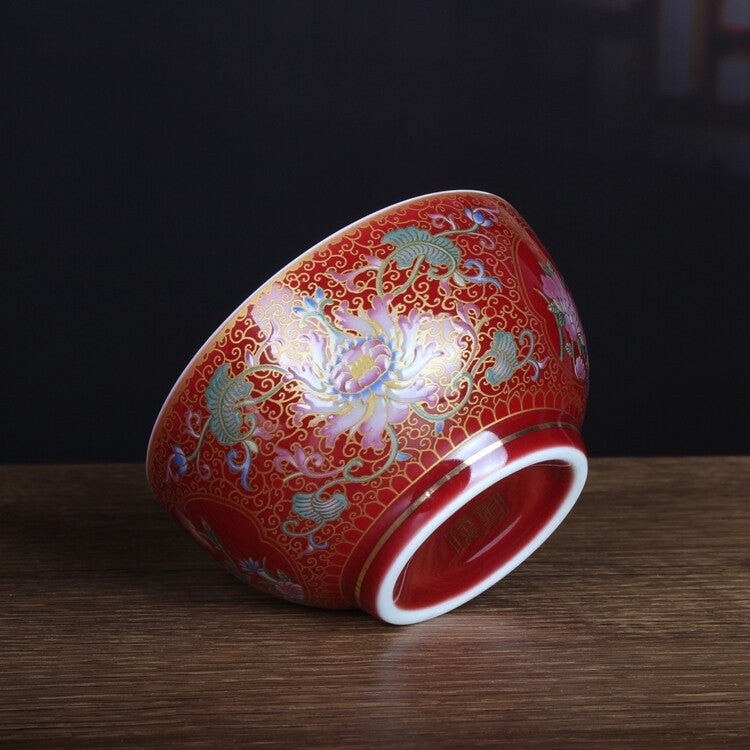 3.3" Chinese Qing Famille Rose Porcelain Ji Red Glaze Lotus Flower Branch Pot