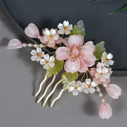 Hanfu Hair Accessory Set Fairy Tassel Clip Comb Ear Hook Pink Floral