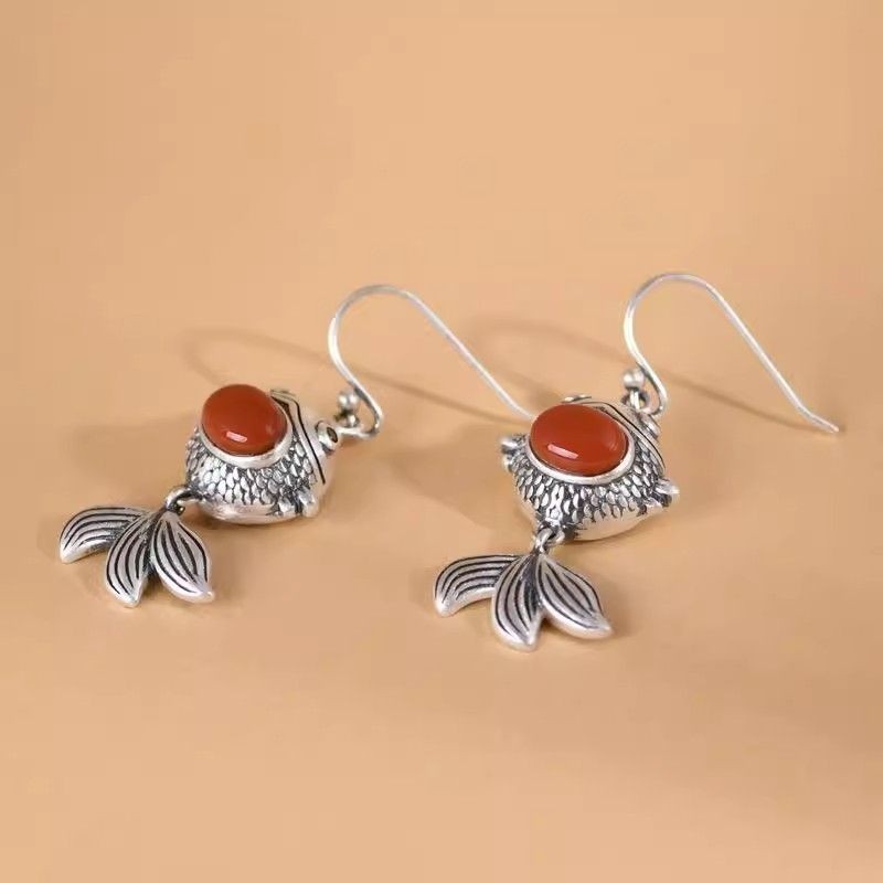 Retro Goldfish Earrings Red Garnet Inlay New Chinese Style Dangle Drops