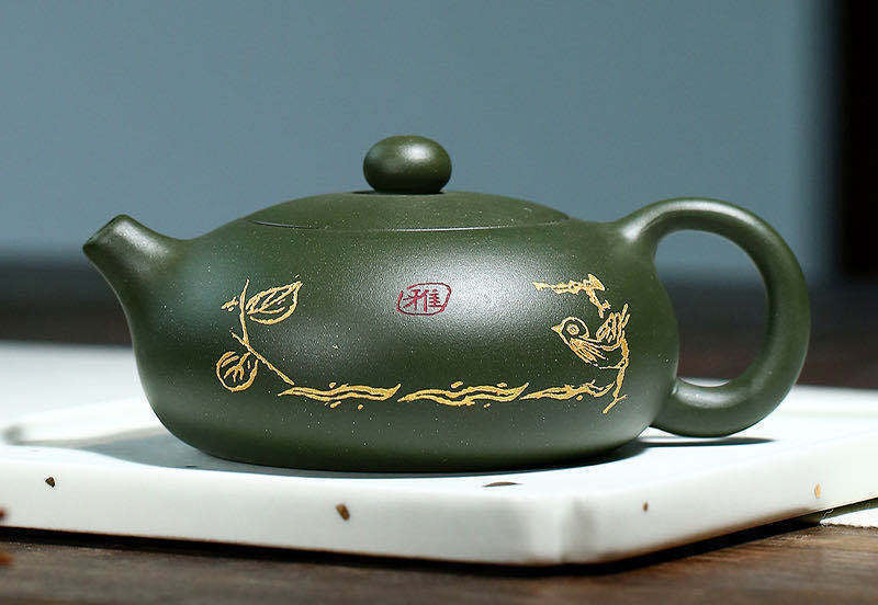210ml Yixing Zisha Teapot Full Handmade Bian Xishi Green Mud Pattern Tea Pot