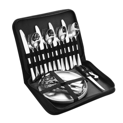 Camping Tableware Set Stainless Steel 10/19Pcs Picnic Cutlery Set W/ Storage Bag