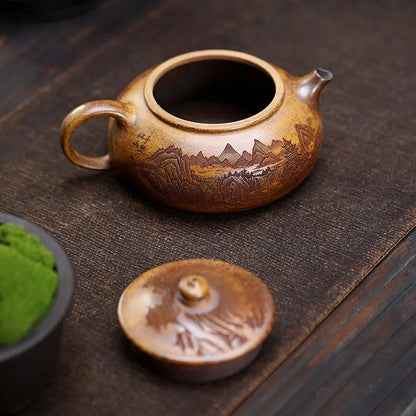 Yixing Handmade Teapot Hand-carved Landscape Pattern Kettle Chinese Zisha TeaSet
