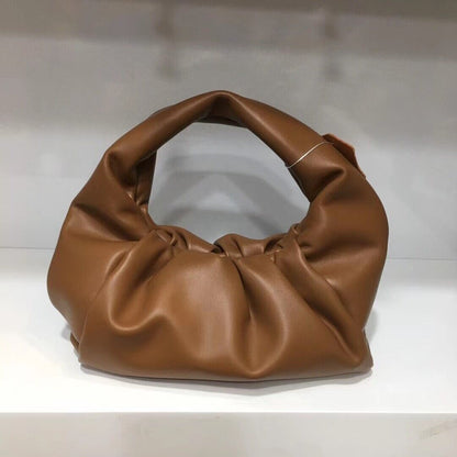 Small Mini Real Leather Ruched Tote Pouch bag Purse Clutch Clip on Top Handle