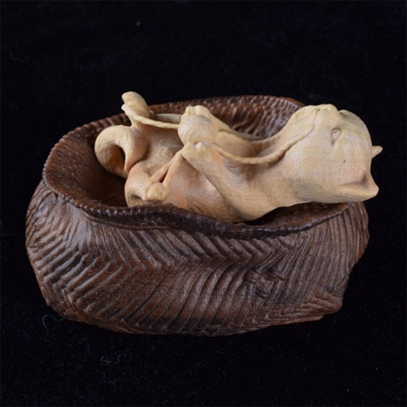 7X5 CM Hand Carved Boxwood Netsuke - Naughty Cat in Basket
