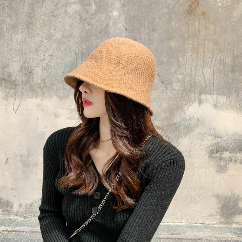 Women's Bucket Hat Warm Winter Teens Felt Wool Fur Black Cap Solid Multifunction