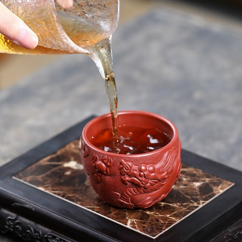 Yixing Zisha Pottery Dahongpao Clay Carved Tea Cup Dragon Carved Master Cup Big